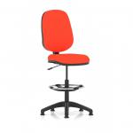 The image shows a sleek and modern Dynamic Draughtsmans Chair, the Eclipse Plus I Lever Task Operator Chair, equipped with a High Rise Draughtsman Kit. The chairs back and seat are a vibrant Tabasco Orange color, making it truly stand out. Its design is both functional and stylish.