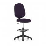 The image shows a sleek and modern task chair with a lever for adjustable height and a high-rise draughtsman kit attached. The chair features a vibrant tansy purple color on the back and seat for a pop of personality.