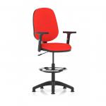 This photo features the Dynamic Draughtsmans Chairs Eclipse Plus I Lever Task Operator Chair in a bespoke color with height adjustable arms. The chair also comes equipped with a high rise draughtsman kit, adding extra functionality and comfort. The back and seat are showcased in a rich bergamot cherry hue.