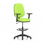 This photograph shows the Dynamic Draughtsmans Chairs Eclipse Plus I Lever Task Operator Chair equipped with a high rise draughtsman kit and height adjustable arms. The chair features a bespoke colour back and seat in Myrrh Green, creating a sleek and modern look.