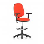 This image shows the sleek and modern design of the Dynamic Draughtsmans Chairs Eclipse Plus I Lever Task Operator Chair. The high rise draughtsman kit and height adjustable arms make it perfect for creating an ergonomic working environment. The bespoke colour back and seat in Tabasco Orange add a pop of color to any room.