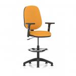 The photo showcases the sleek design of the Dynamic Draughtsmans Chairs Eclipse Plus I Lever Task Operator Chair with its high rise draughtsman kit. The chair features height adjustable arms and a bespoke colour back and seat in a bright senna yellow.