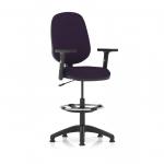 The Dynamic Draughtsmans Chairs Eclipse Plus I Lever Task Operator Chair is a sleek and stylish office chair with a high rise draughtsman kit. The chair features height adjustable arms and a bespoke colour back and seat in a vibrant tansy purple.