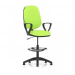 This dynamic photograph captures the Eclipse Plus I Lever Task Operator Chair with High Rise Draughtsman Kit. The chair features loop arms, a bespoke Myrrh Green back and seat, and is perfect for any workspace. The bright color and sleek design make it a stylish and functional addition to any office setting.