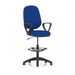 This picture showcases the sleek design of Dynamic Draughtsmans Chairs Eclipse Plus I Lever Task Operator Chair. The chair comes with a high rise draughtsman kit and loop arms, and boasts a bespoke color back and seat in stevia blue.