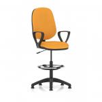 In the photo, the dynamic draughtsmans chairs Eclipse Plus I Lever Task Operator Chair stands tall with its high rise draughtsman kit attached. The loop arms add a stylish touch and the bespoke Senna Yellow color of the back and seat make it a standout piece.
