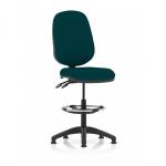 A picture of the Dynamic Draughtsmans Chairs Eclipse Plus II shows a modern and ergonomic task operator chair in a bespoke Maringa Teal color. The high-rise draughtsman kit provides added support, while the adjustable lever allows for customizable comfort. The unique design of this chair is both functional and stylish.