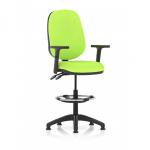 The photograph captures a sleek and modern Eclipse Plus II Lever Task Operator Chair, equipped with a high rise draughtsman kit and height adjustable arms. The unique shade of Myrrh Green adds a touch of sophistication to the bespoke back and seat, making this an ideal addition to any workspace.
