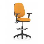 The photo shows a sleek and modern dynamic draughtsman chair, featuring an Eclipse Plus II lever for easy adjustments. It comes with a high rise draughtsman kit, height adjustable arms, and a vibrant Senna Yellow back and seat. This bespoke chair exudes functionality and style.