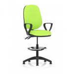 The photograph captures a sleek and modern Eclipse Plus II Lever Task Operator Chair in Myrrh Green, complete with a High Rise Draughtsman Kit, Loop Arms, and a bespoke color back and seat. The chair exudes an air of dynamic functionality, perfect for any workspace.