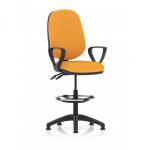 This photo features the Dynamic Draughtsmans Chairs Eclipse Plus II Lever Task Operator Chair with a high rise draughtsman kit, loop arms, and a bespoke Senna Yellow color for the back and seat. This chair is designed for comfortable, ergonomic support during work.