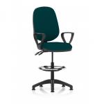 This picture shows a modern and ergonomic Dynamic Draughtsmans chair with an Eclipse Plus II Lever Task Operator design. It features a high rise draughtsman kit, loop arms, and a bespoke color for the back and seat in Maringa Teal. The chair offers comfort and style for any workspace.
