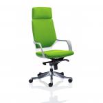The photo features a sleek white executive chair with a high back and built-in headrest. The back and seat are customizable in a striking myrrh green color. The chair appears modern and upscale, perfect for any dynamic executive office space.