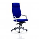 A professional office setting, with sleek and modern executive chairs. The chairs have a high back, with a headrest for added comfort. The white shell is paired with a unique, custom-colored back and seat in a striking stevia blue. These chairs exude style and sophistication.
