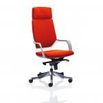 The picture shows a sleek white executive chair with a high back, headrest, and orange accents. The dynamic design exudes sophistication and professionalism, making it the perfect addition to any modern office space.
