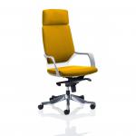 This image features a sleek white shell with a high back and headrest, in contrast with bold Senna Yellow upholstery on the back and seat. The chairs exude a dynamic and luxurious feel, perfect for executive offices.