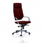 The photo shows a sleek white executive chair with a high back and headrest. The back and seat of the chair can be customized to a vibrant ginseng chilli color. Its modern design exudes professionalism and elegance, making it a perfect addition to any dynamic executive office.