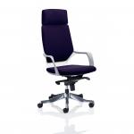 The picture shows sleek Dynamic Executive Chairs with a high back and headrest, featuring a white shell with a unique bespoke color for the back and seat in a vibrant tansy purple hue. These chairs exude style and sophistication, perfect for any modern office setting.