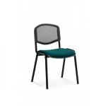 The photograph captures a set of dynamic visitors chairs with a unique black frame, featuring a mesh back for added comfort. The bespoke colour of Maringa Teal adds a touch of elegance. These chairs are available for purchase in a minimum quantity of 4 and are priced individually.