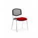 The image shows a group of dynamic visitors seated in chairs with a chrome frame and mesh back. The chairs come in a bespoke colour of bergamot cherry and have a minimum order quantity of 4. Each chair is priced individually.