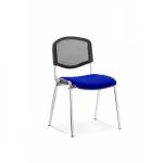 The photograph captures a group of dynamic visitors sitting on sleek chrome frame chairs with a mesh back. The chairs come in a bespoke shade of Stevia Blue, with a minimum order quantity of 4. Each chair is individually priced.