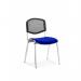 The photograph captures a group of dynamic visitors sitting on sleek chrome frame chairs with a mesh back. The chairs come in a bespoke shade of Stevia Blue, with a minimum order quantity of 4. Each chair is individually priced.