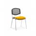 The image shows a group of dynamic visitors sitting on chairs with chrome frames and mesh backs. The chairs come in a bespoke senna yellow color and have a minimum order quantity of 4, each priced individually.