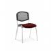 The photo shows a dynamic group of visitors sitting in chrome frame chairs with mesh backs. The chairs come in a bespoke colour, with options including ginseng and chilli. There is a minimum order quantity of 4, and each chair is priced individually.