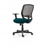 A modern and sleek Dynamic Mesh Back Chair Mave Task Operator in Black Mesh with adjustable Arms and a vibrant Maringa Teal bespoke colour seat. This chair adds a pop of color and comfort to any office space.