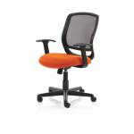This picture features a sleek and modern Dynamic Mesh Back Chair in black with arms. The seat is a bespoke color in tabasco orange, adding a pop of color. Perfect for a stylish and comfortable office space.