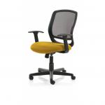 This photo shows a modern and stylish Mave Task Operator Chair in black mesh with sleek arms and a vibrant senna yellow seat. The dynamic mesh back provides comfort and support while adding a touch of contemporary design to any space. Customizable seat color options available.