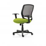 This picture shows two dynamic mesh back chairs, one with black mesh and arms, and the other with a bespoke myrrh green seat. These Mave Task Operator Chairs are sleek and modern, perfect for any office space.
