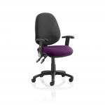 Luna II Lever Task Operator Chair Black Back Bespoke Seat With Height Adjustable And Folding Arms In Tansy Purple KCUP1302