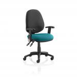 Luna II Lever Task Operator Chair Black Back Bespoke Seat With Height Adjustable And Folding Arms In Maringa Teal KCUP1304