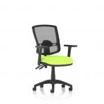 The photo shows a sleek and modern Eclipse Plus II Lever Task Operator Chair Deluxe Mesh Back with dynamic mesh back design. It features height adjustable arms and a bespoke Myrrh Green seat. The chair exudes a professional yet comfortable vibe, suitable for any office setting.