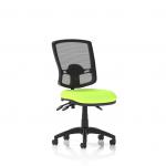 In the photo are two sleek and modern Dynamic Mesh Back Chairs Eclipse Plus III Lever Task Operator Chairs. The deluxe mesh back is in a bespoke myrrh green color, perfectly complementing the ergonomic design. Perfect for any office setting.