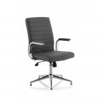 The image shows a sleek and modern executive chair in grey leather. It has a dynamic and ergonomic design, with glides for smooth movement. The chair is named Ezra Executive and exudes professionalism and comfort.