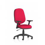 The picture shows a sleek, modern office chair with a dynamic design. It has a lever for adjusting the height and folding arms for added versatility. The back and seat are a bespoke color, while the overall frame has a Bergamot Cherry finish. Perfect for any operator or task chair needs.