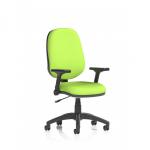 The photograph captures a sleek and modern office chair, the Dynamic General Desk Chairs Eclipse Plus I, with a versatile lever for easy adjustments. Its height can be adjusted and comes with folding arms for added comfort. The back and seat are in a unique, bespoke myrrh green color.