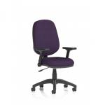 The photograph captures a sleek and modern dynamic general desk chair, the Eclipse Plus I, with a height adjustable feature and folding arms. The back and seat are a unique tansy purple color, adding a touch of vibrancy to any office space.