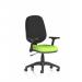 The photo captures the sleek and modern design of the Dynamic General Desk Chairs Eclipse Plus. The chair features a lever for easy height adjustment, as well as folding arms for added versatility. The seat showcases a unique and eye-catching myrrh green color, adding a pop of personality to any office space.