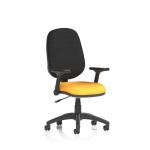 A picture of the Dynamic General Desk Chairs Eclipse Plus I Lever Task Operator Chair with Height Adjustable and Folding Arms in Senna Yellow looks sleek and modern. The bright yellow seat adds a pop of color to the office, while the folding arms provide versatility and comfort for long hours at the desk.