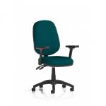 The photo shows a stylish office chair in vibrant Maringa Teal, equipped with height adjustable and folding arms. Its sleek design and Eclipse Plus II Lever make it a comfortable and practical choice for any dynamic work environment.
