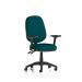 The photo shows a stylish office chair in vibrant Maringa Teal, equipped with height adjustable and folding arms. Its sleek design and Eclipse Plus II Lever make it a comfortable and practical choice for any dynamic work environment.