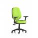 This photograph captures a sleek and modern Eclipse Plus II Lever Task Operator Chair with dynamic features such as height adjustable and folding arms. The chair is adorned with a bespoke myrrh green back and seat, making it a stylish addition to any desk.