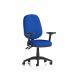 The image shows a sleek and modern Dynamic General Desk Chair, the Eclipse Plus II. It features height adjustable and folding arms, with a bespoke colour back and seat in a vibrant stevia blue. Perfect for any office setting, this chair is both stylish and functional.