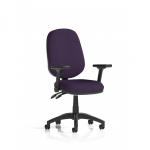This photograph features the Dynamic General Desk Chairs Eclipse Plus II Lever Task Operator Chair. The chair has adjustable height and folding arms, with a bespoke tansy purple back and seat. The vibrant color adds a pop of personality to any office space.