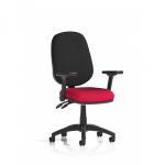 A sleek and modern office chair, the Dynamic General Desk Chairs Eclipse Plus II Lever Task Operator Chair features height adjustable and folding arms. The bespoke color seat in Bergamot Cherry adds a pop of color to any workspace. Perfect for those seeking style and functionality in their office furniture.