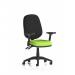 This photograph shows a sleek and modern Dynamic General Desk chair Eclipse Plus II with a lever for easy adjustment. The seat is a bespoke color of myrrh green and comes with height adjustable and foldable arms. Its design exudes professionalism and functionality.