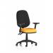 The picture shows a modern and sleek Dynamic General Desk Chair- Eclipse Plus II. It features a lever task operator chair with height adjustable and folding arms. The seat is in a unique Senna Yellow color.